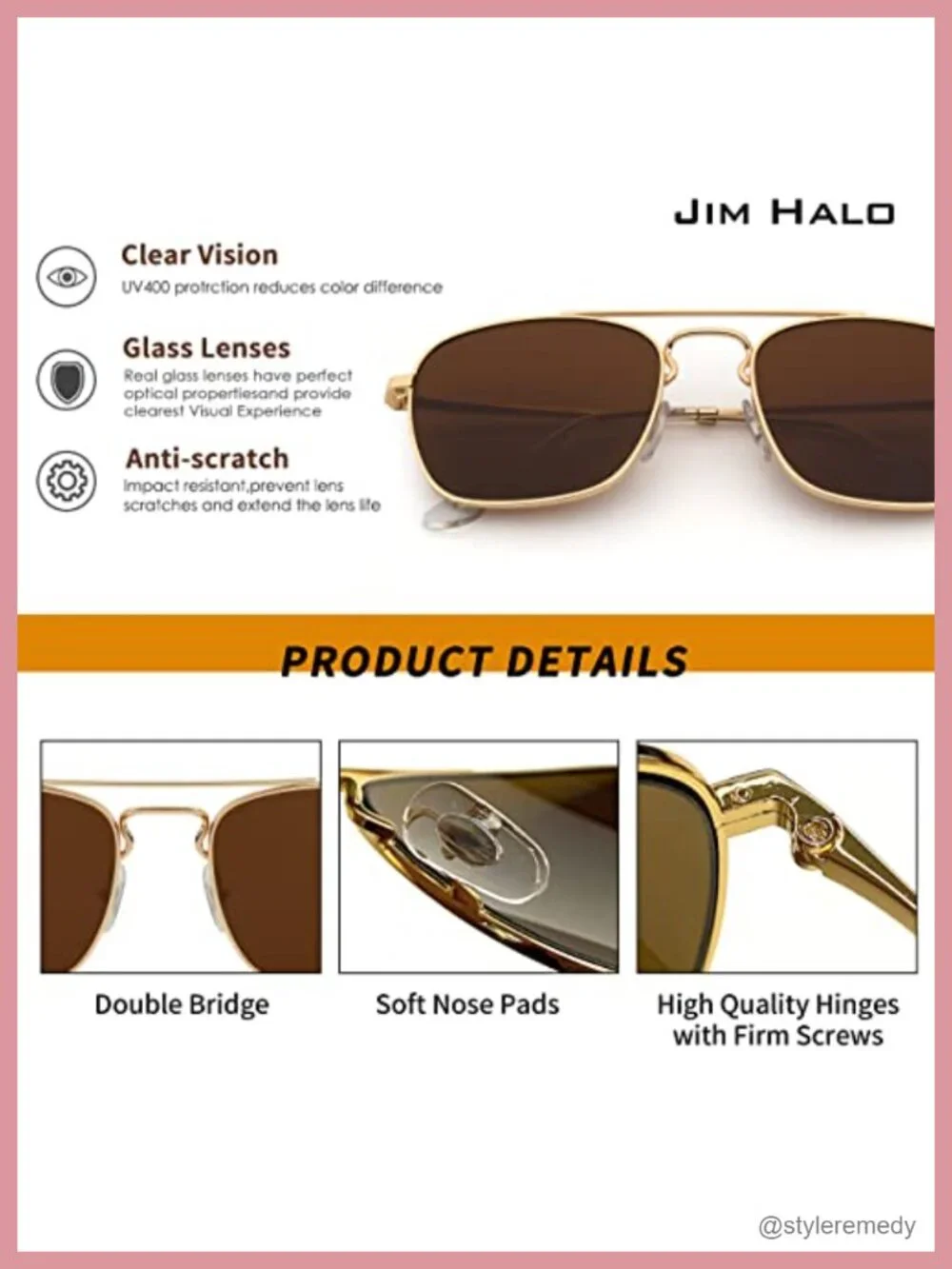 Retro Square Aviator Sunglasses with Glass Lens, Metal Frame